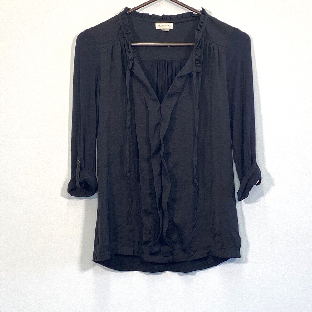 Anthropologie Meadow Rue Top Size XS Black Silk Tie Front Ruffle Minimalist